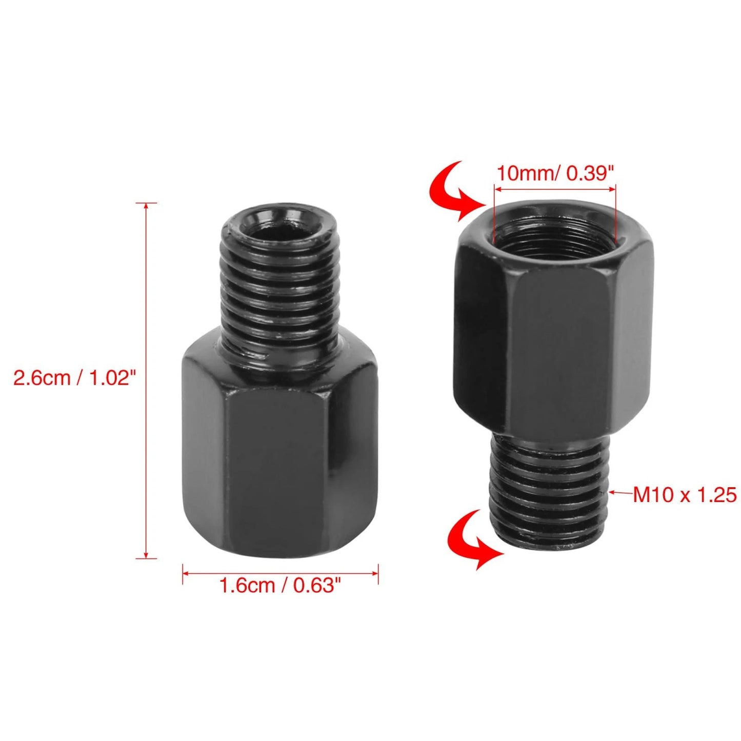 2 x 10mm LH to 10mm LH Black Rearview Mirrors Adapter Bolt Screw for Motorcycle