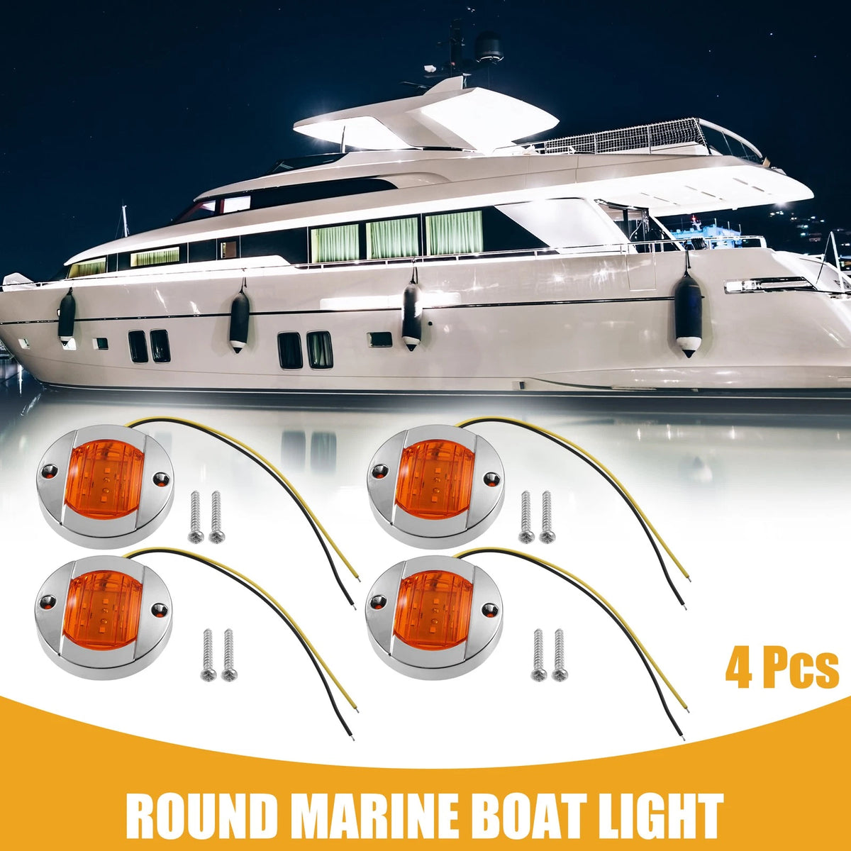 4 Pcs Interior Round Marine Boat Light with 6 LEDs Amber for Boat Amber