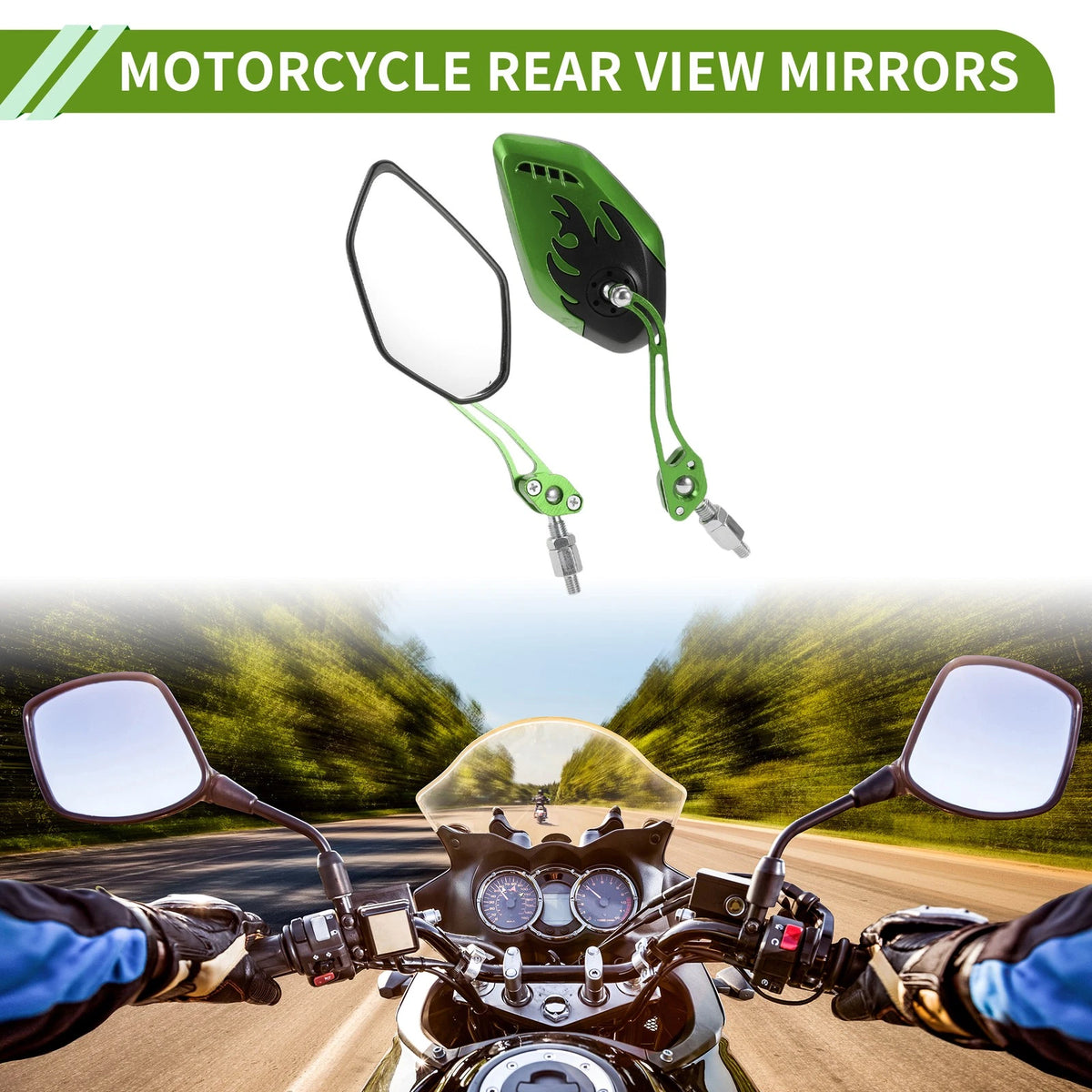M8/M10 Motorcycle Rear View Mirrors Polygonal Shape Black Green Aluminum Alloy