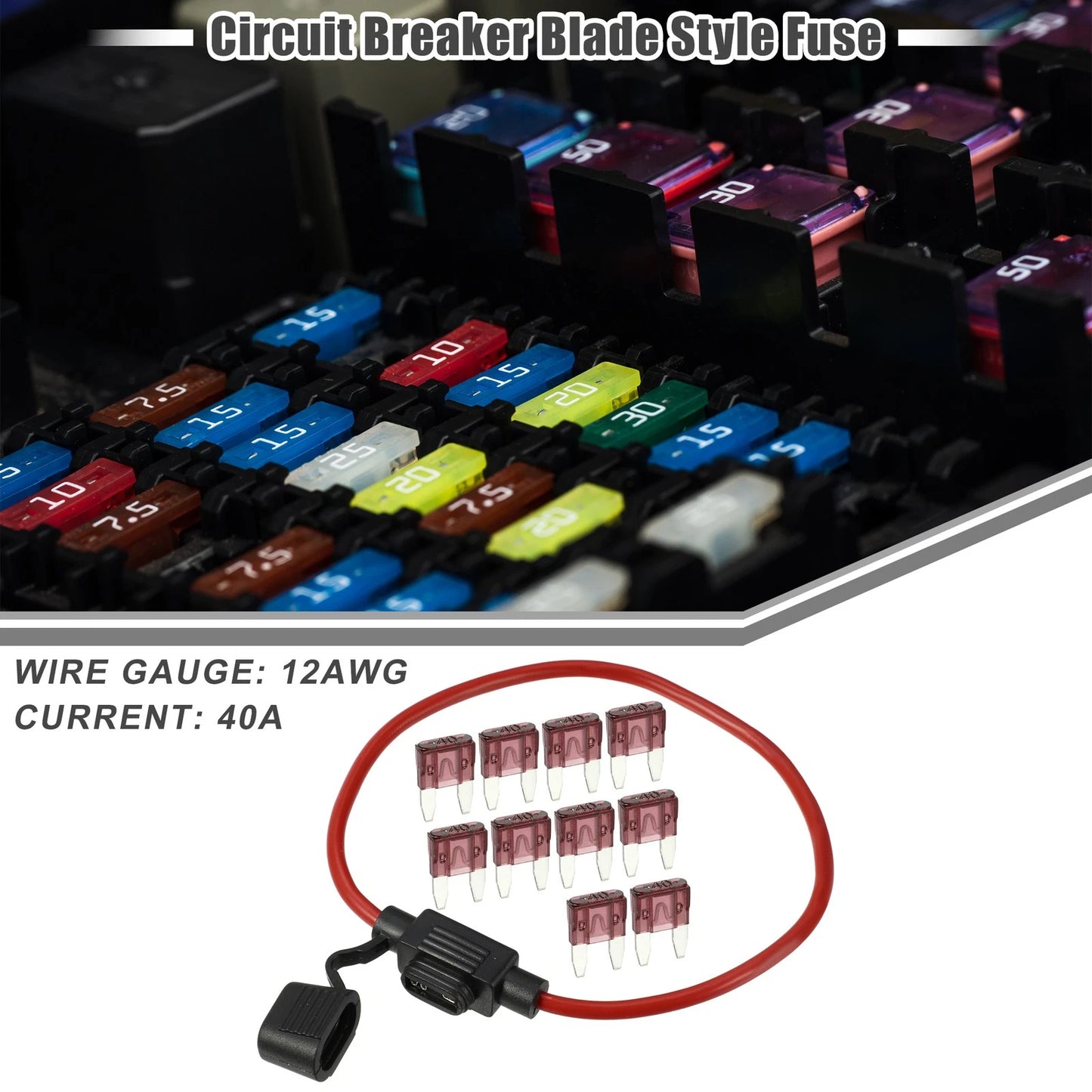 40A Mini Blade Style Fuse Set with 12 AWG Holder for Car