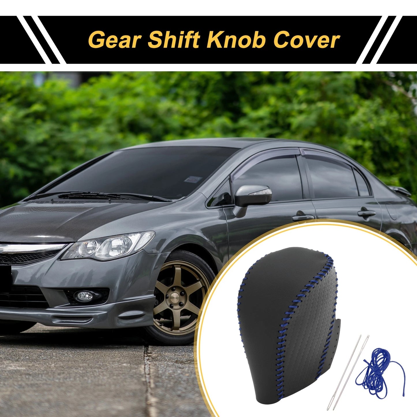 Car Gear Shift Knob Cover 1 Pc for Honda Civic (2016-2021) Black Blue Faux Leather