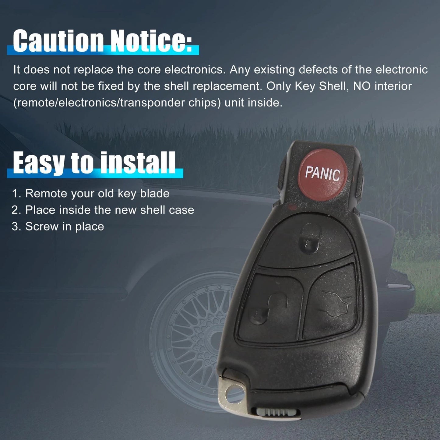 Key Fob Shell Case for Mercedes-Benz 4 Button Black (2010-2015)