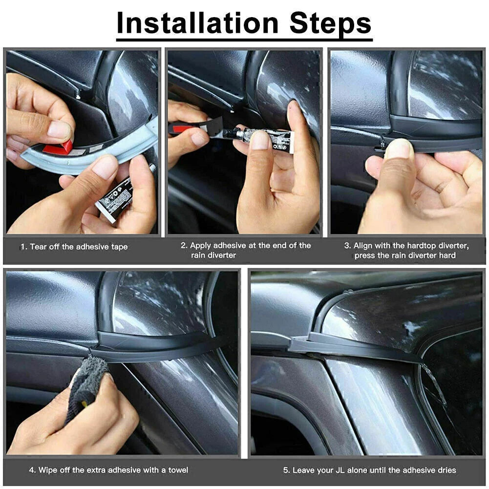 Black ABS Front Water Rain Gutter Extensions for Jeep Wrangler (2018-2021)