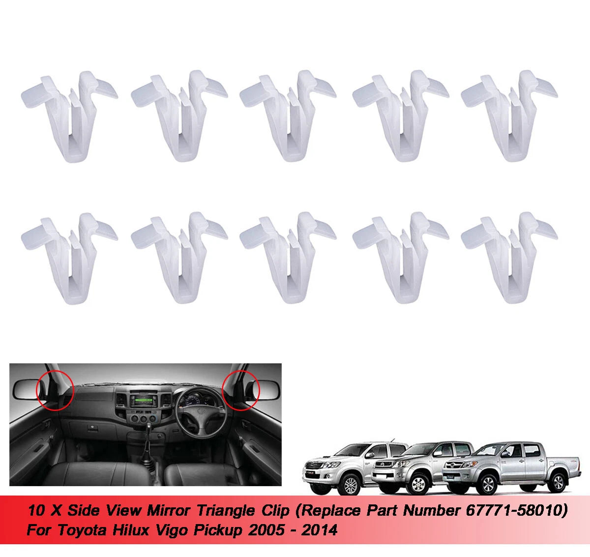 10 x Side View Mirror Triangle Clips for Toyota Hilux (2005-2014)