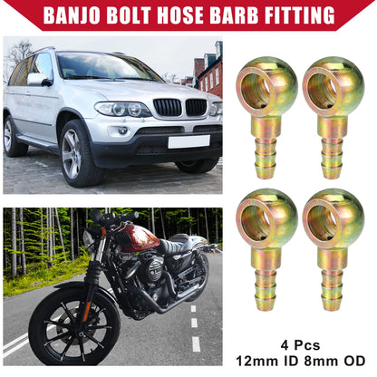 4 x Banjo Bolt Hose Barb Fitting 12mm ID 8mm OD Metal for Auto Motorcycle