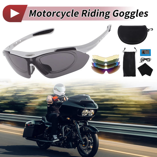 Set Motorcycle Riding Goggles Dark Gray Lens White Frame PC Cycling Sunglasses