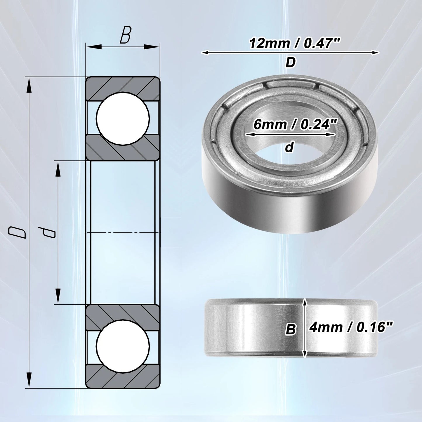 10 Pcs 6x12x4mm Double Metal Shield Deep Groove Ball Bearings