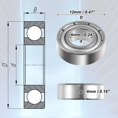 10 Pcs 6x12x4mm Double Metal Shield Deep Groove Ball Bearings