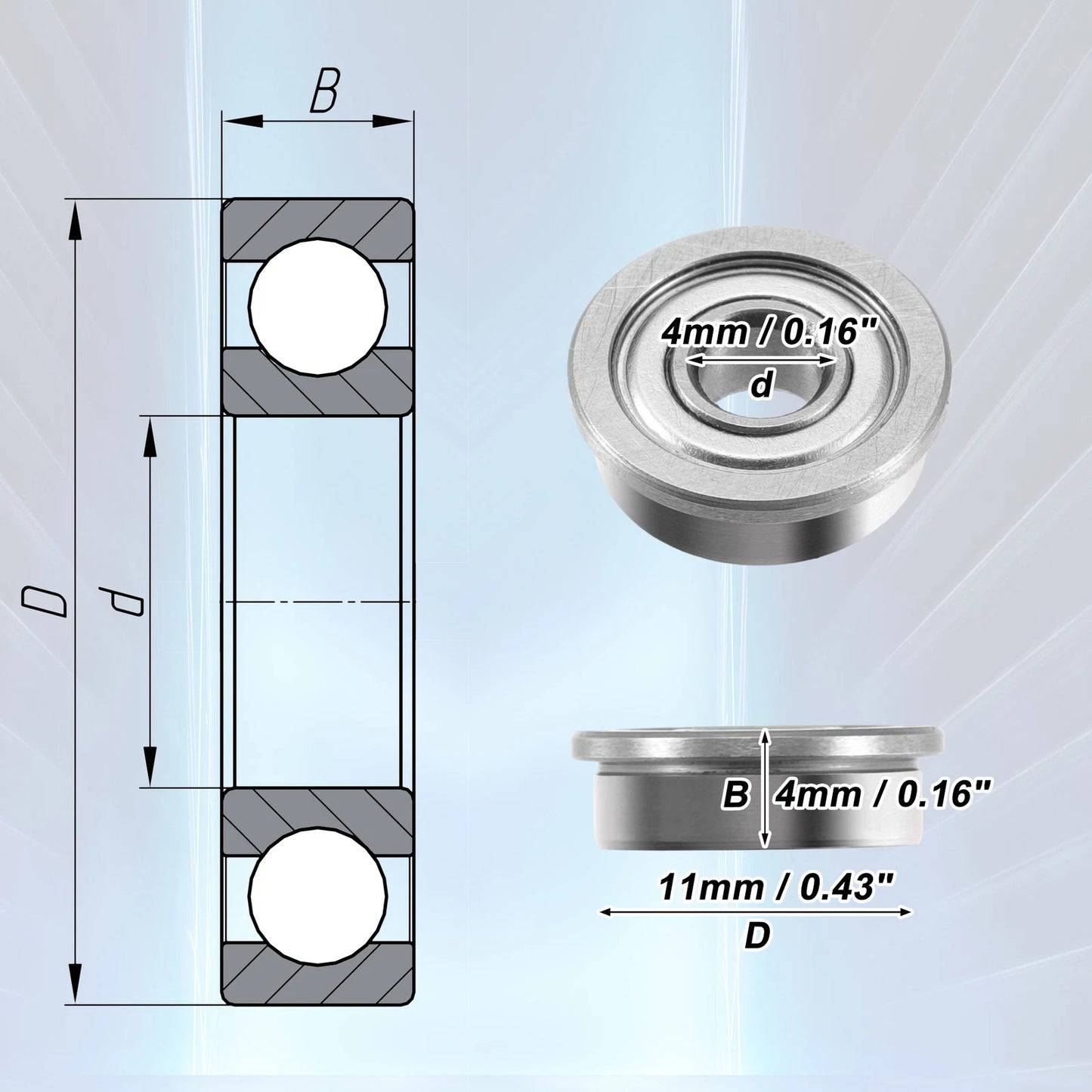 10 pcs 4x11x4mm Single Row Flanged Deep Groove Ball Bearing for Make Model