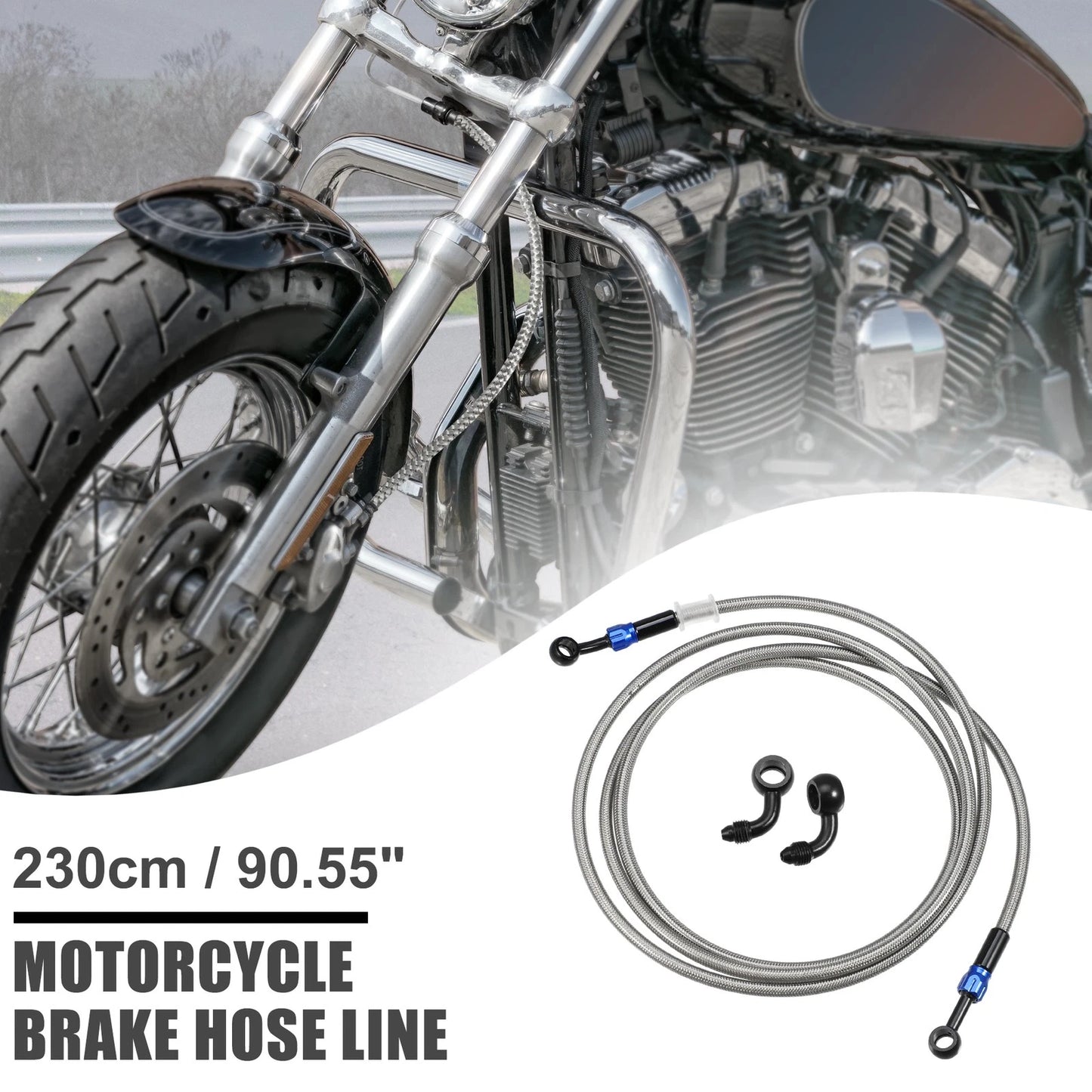 Brake Hose 90 Degree Braided Line 230cm Silver Tone for Motorcycle