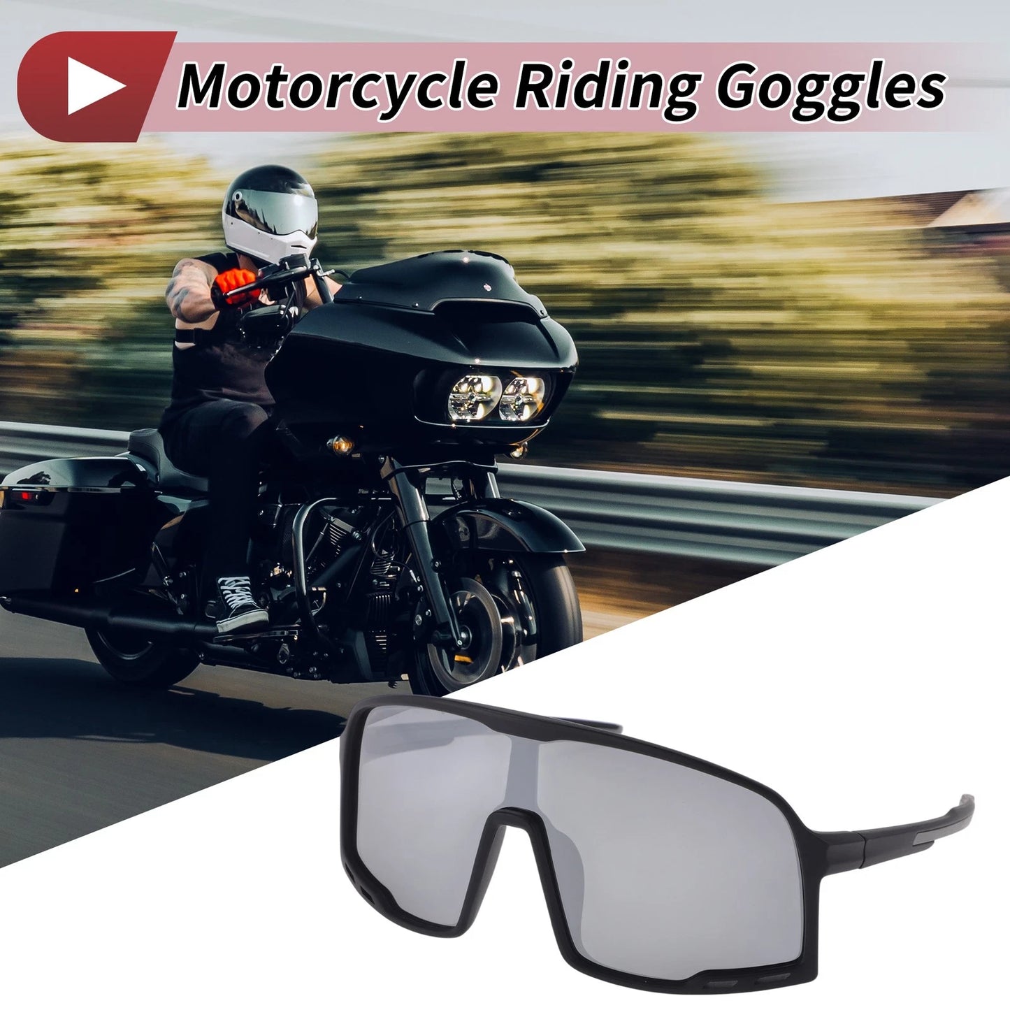 1 x Set Motorcycle Riding Goggles Silver Tone Gray Lens Black Frame PC UV400