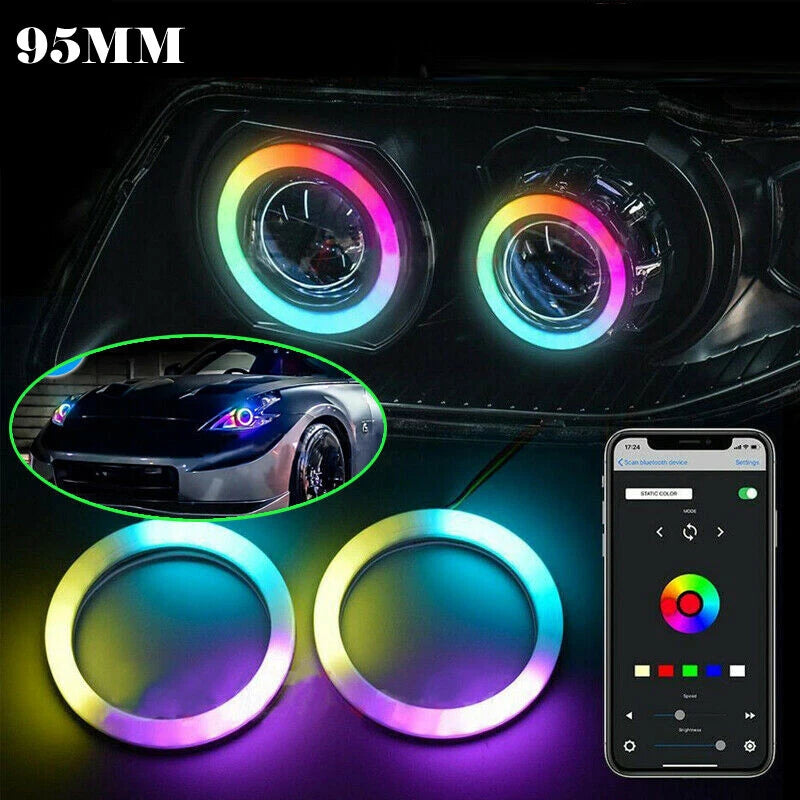 95MM RGB COB LED Angel Eye Halo Ring Lights for Headlight DRL Bluetooth