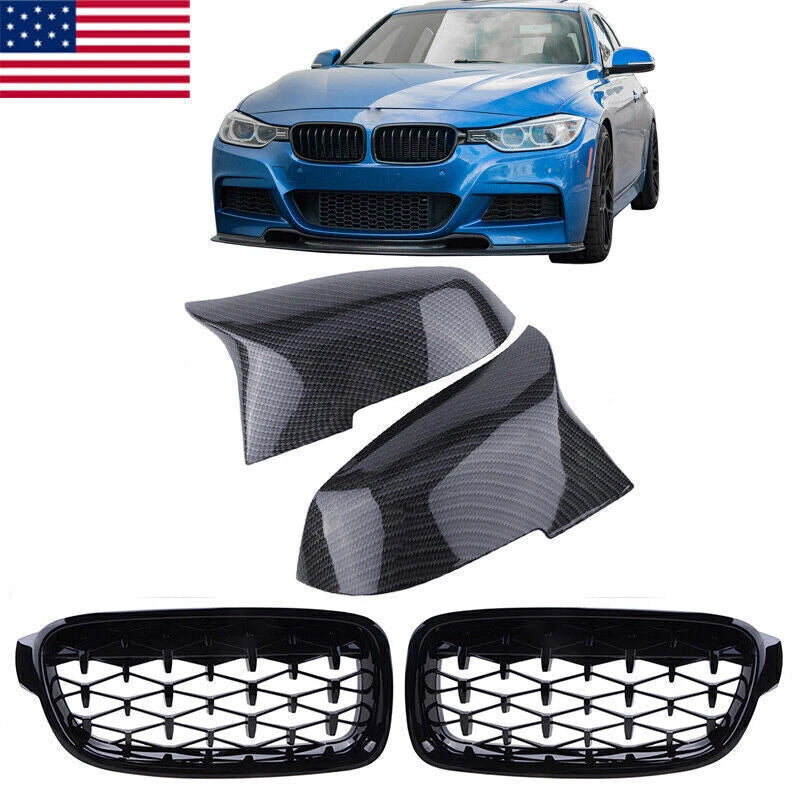 Carbon Fiber Front Kidney Grille & Mirror Covers for BMW F30 330i 328i (2012-2018)