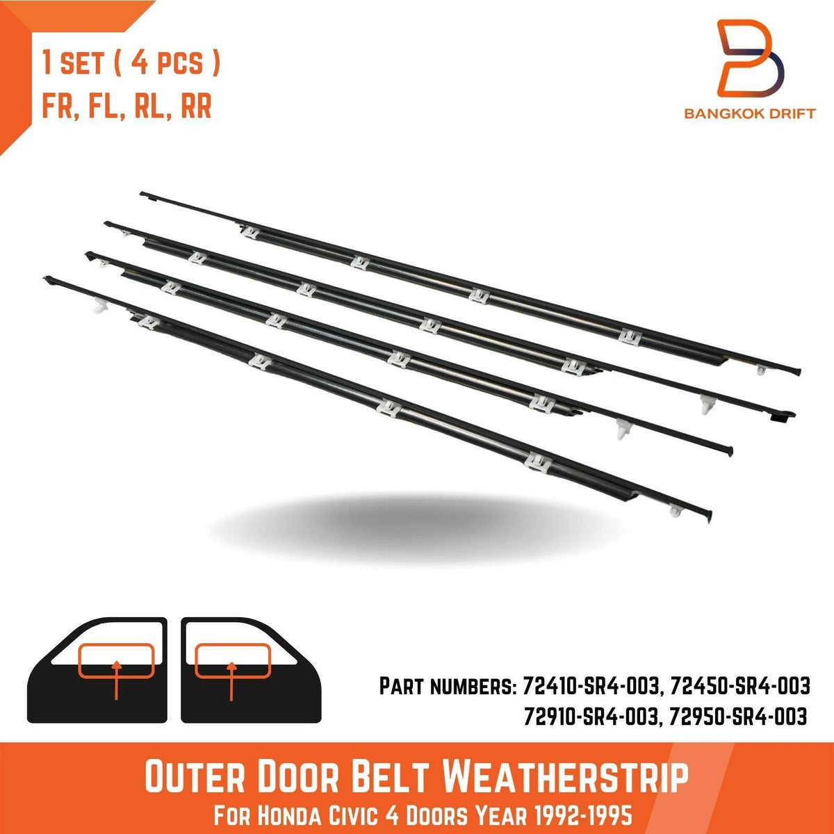 Outer Door Belt Weatherstrip Seals for Honda Civic Sedan (1992-1995)