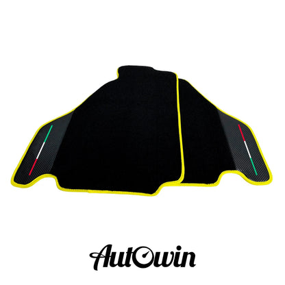 AutoWin Black Floor Mats for Ferrari F430 (2004-2009) - Carbon Fiber, Yellow Trim
