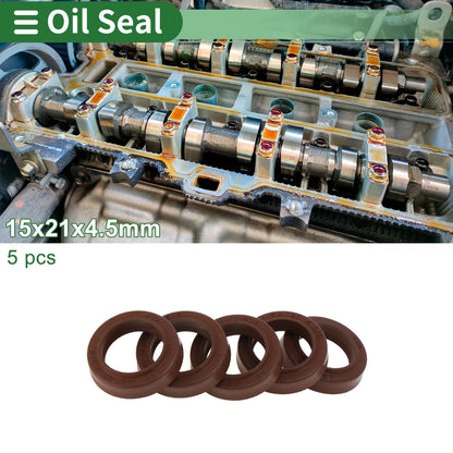 Oil Seal 5 Pcs Seal Ring Rotary Shaft Seal FKM Rubber 15x21x4.5mm Brown