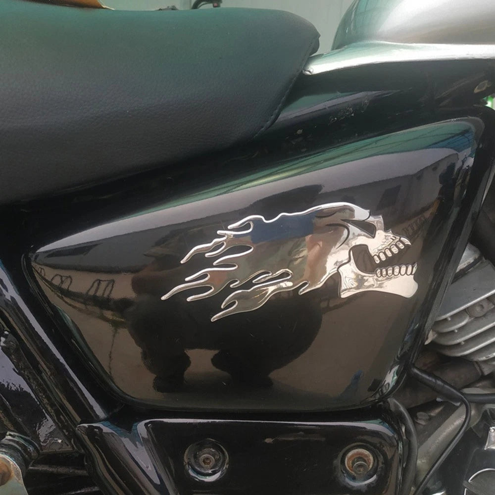 1 Pair Sliver Flaming Skull 3D Sticker Decal for Motorbike Motorcycle Tank Car