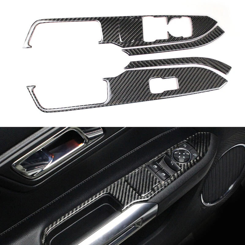 Carbon Fiber Window Switch Door Handle Cover Trim fit For Ford Mustang 2015-2018