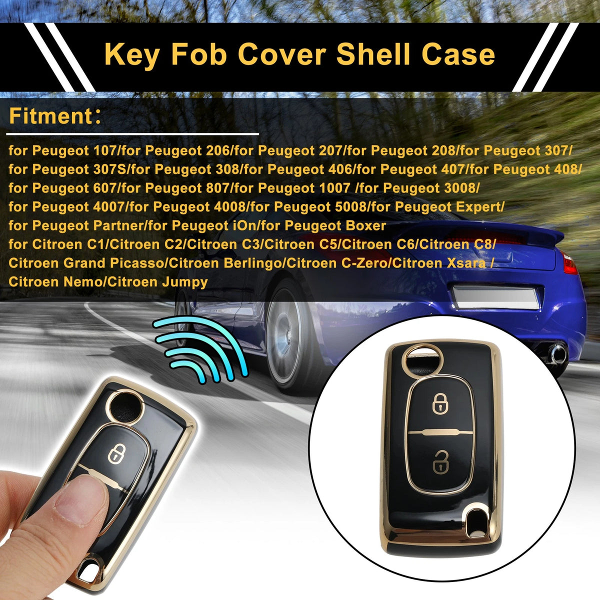 Black Gold Tone TPU Silicone Key Case for Peugeot 107 (2005-2014)