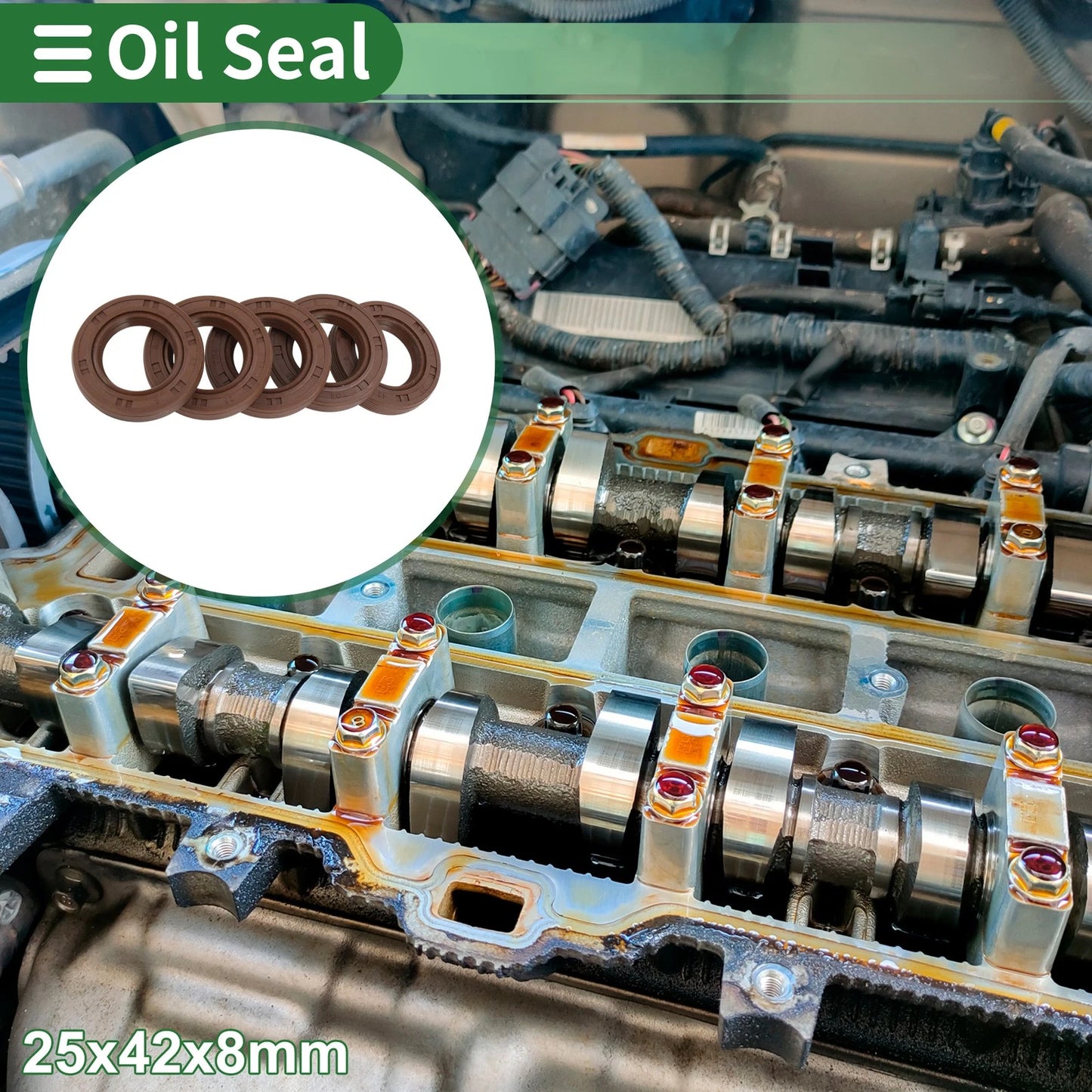 Oil Seal 25x42x8mm FKM Rubber High Pressure Brown 5 Pcs