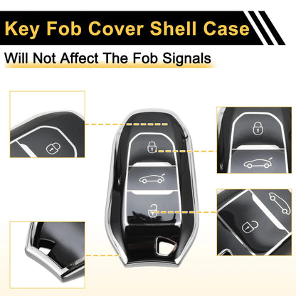 Black Silver TPU Key Fob Shell Cover Case for Peugeot 308 (2007-2014)