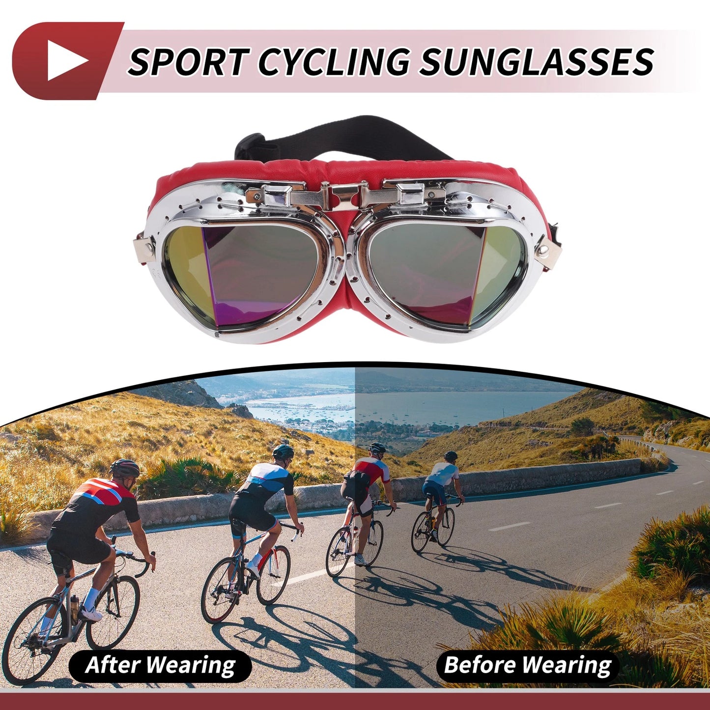 1 x Motorcycle Riding Goggles Colorful Lens Red Silver Tone Frame PC PU Sponge
