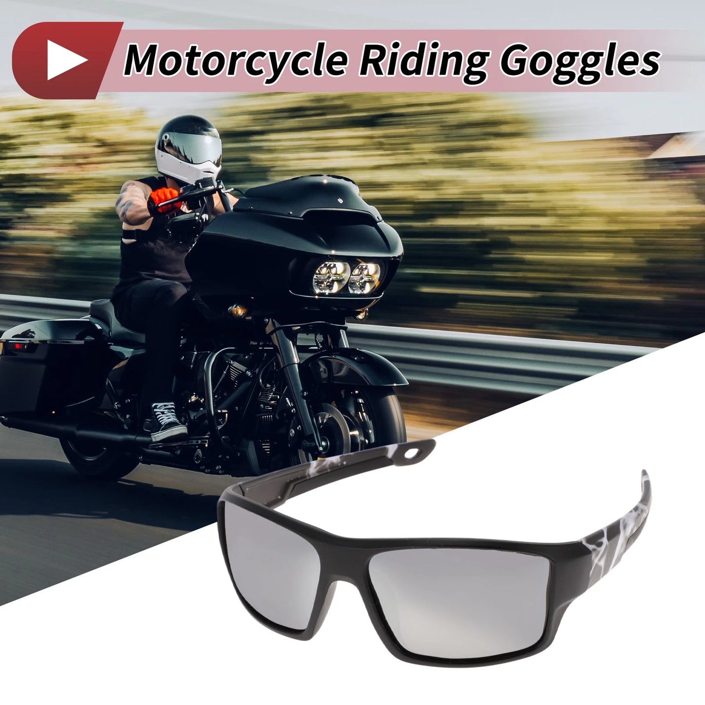 Motorcycle Riding Goggles Silver Tone Lens Black Frame Tri-acetel Cellulose