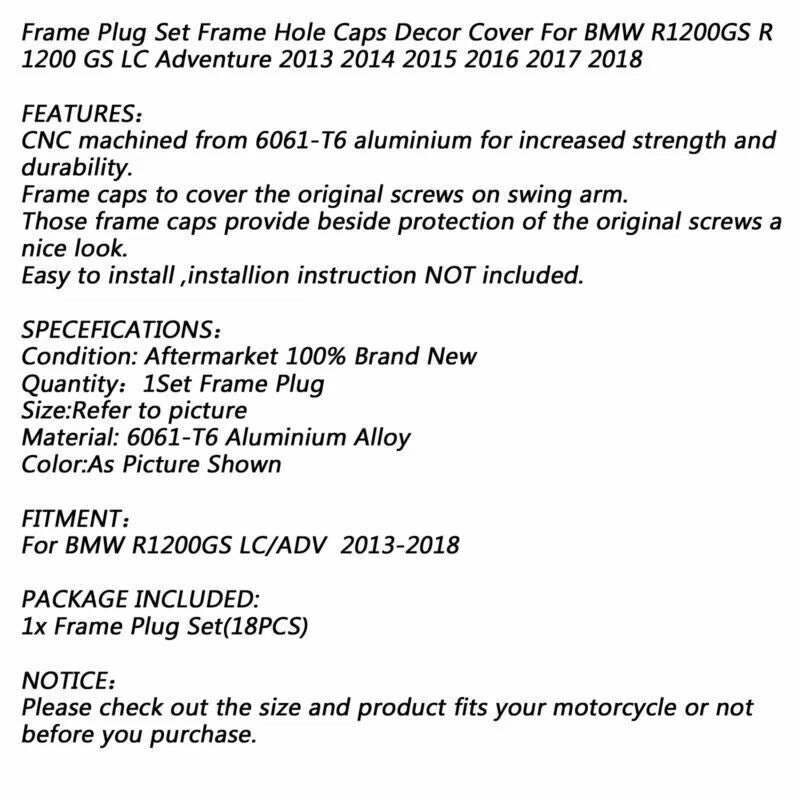 18 Piece Frame Cap Set for BMW R 1200 GS LC ADV (2014-2019)