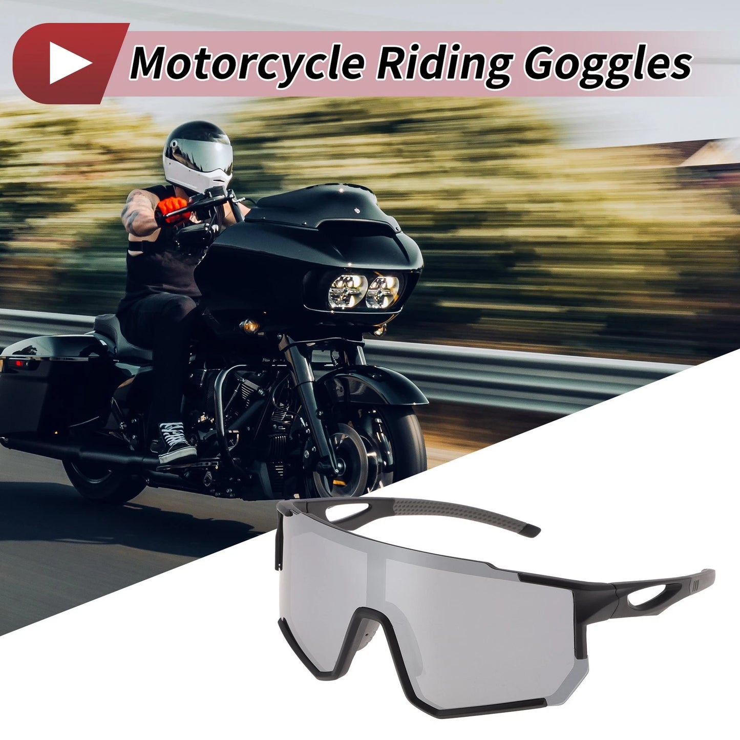 Motorcycle Riding Goggles Silver Tone Lens Black Frame Triacetyl Cellulos