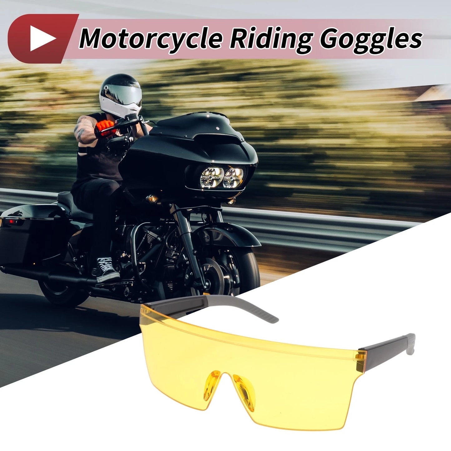 Motorcycle Riding Goggles Yellow Lens Black Frame PC Cycling Sunglasses