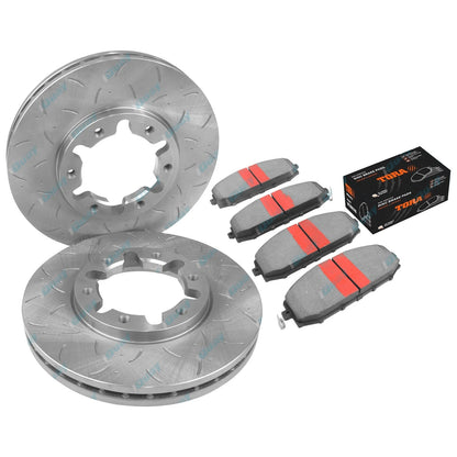 2 Front Disc Rotors Slotted + Drilled + 4x4 Brake Pads for Patrol GU Y61 1997~15