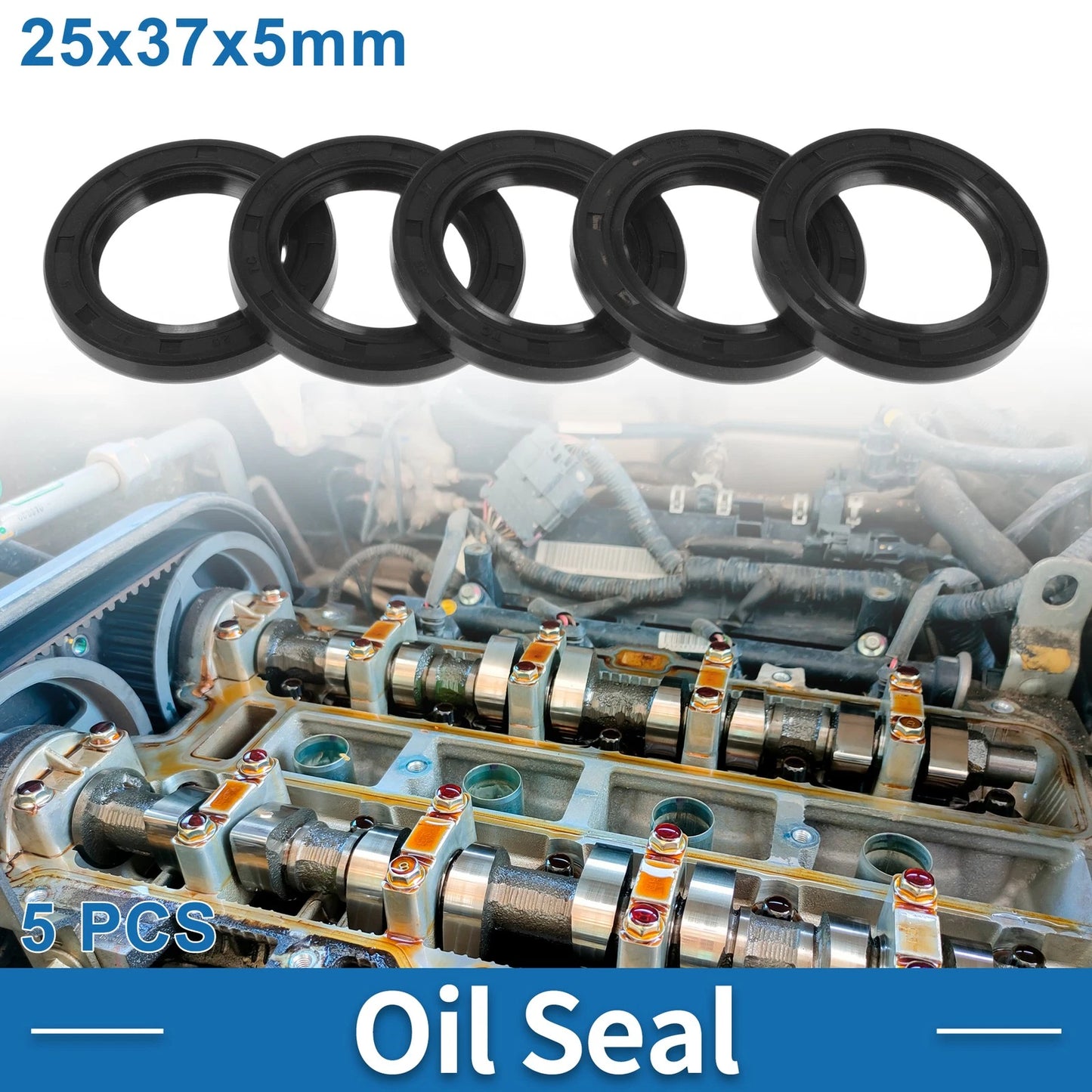 Oil Seal 25x37x5mm Nitrile Rubber Black 5 Pcs for Rotary Shaft Seal