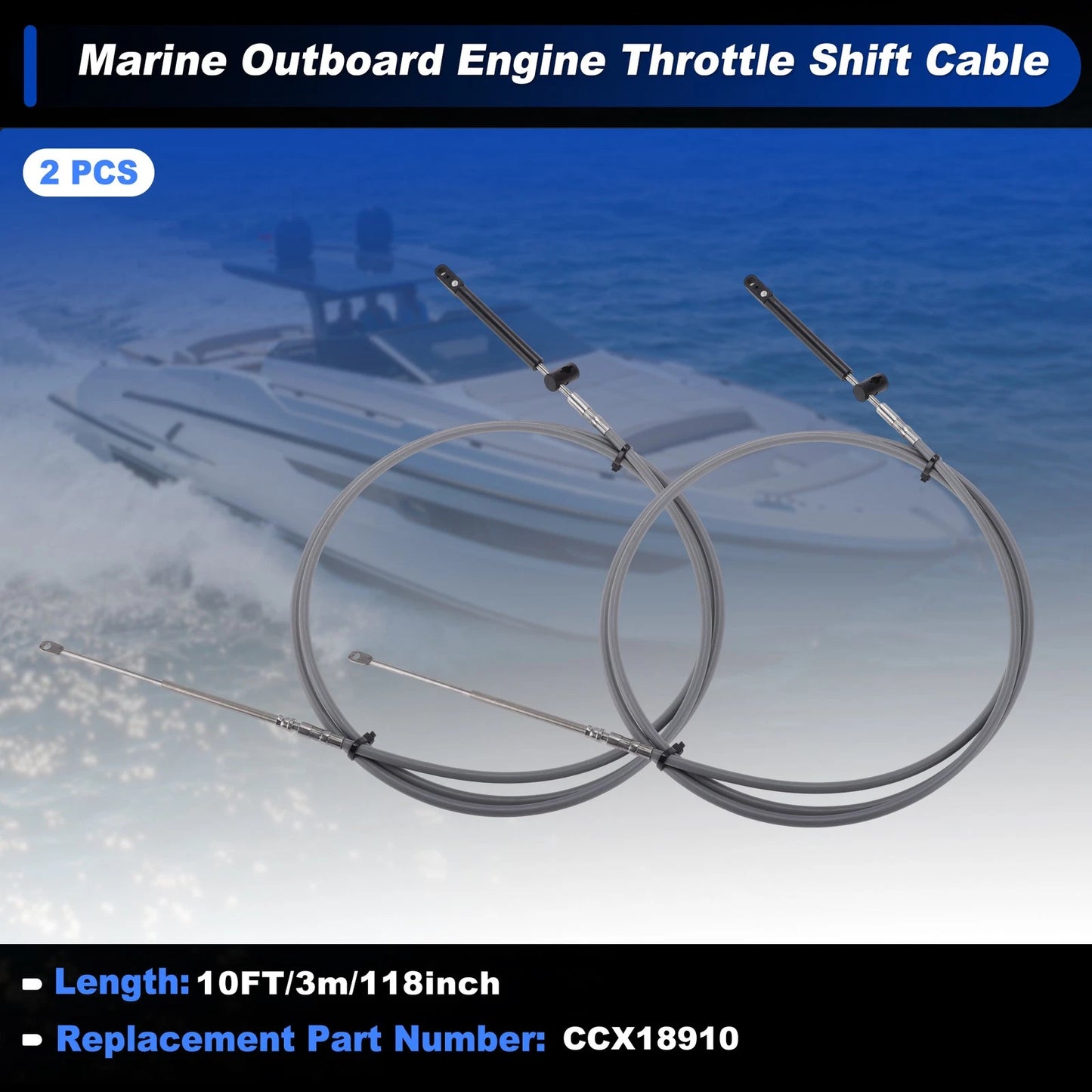 2 x 3Meters Boat Throttle Shift Control Cable for Marine Outboard Grey