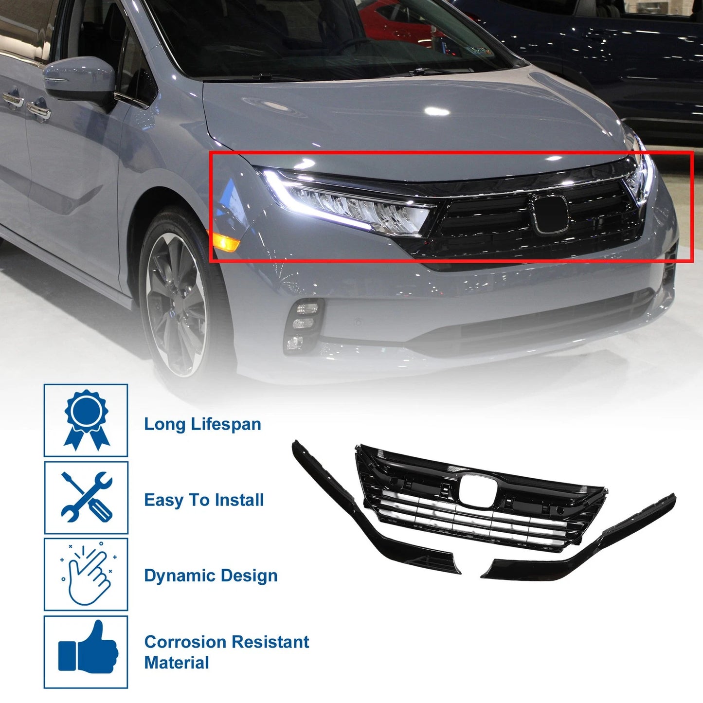 Front Upper Hood Bumper Grille for Honda Odyssey (2018-2021) Black