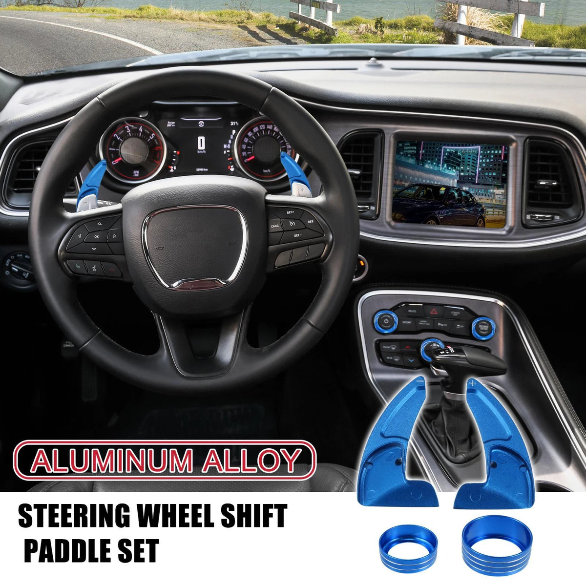 Blue Steering Paddle Shifter & AC Volume Knob Cover Ring Trim for Dodge Charger