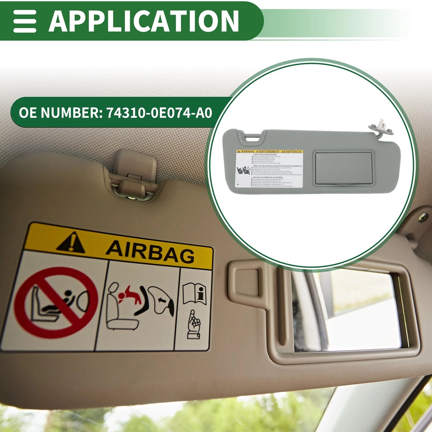 Right Car Sun Visor for Toyota Highlander 2014-2016, 2019 (No.74310-0E074-A0)