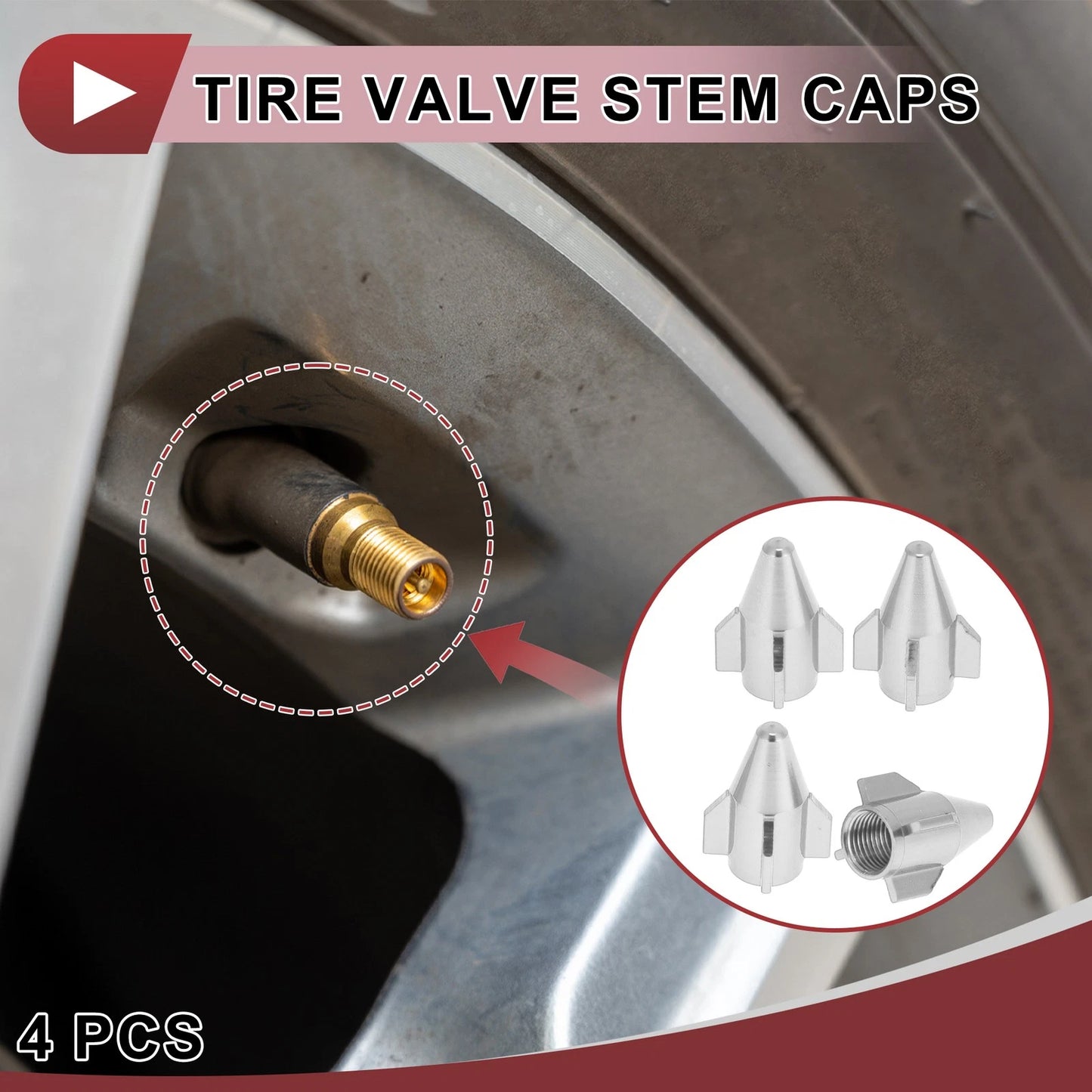 4 x Mini Rocket Style Tire Valve Stem Caps Dust Covers Silver Tone
