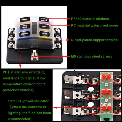 6-Way Blade Fuse Box Block Holder with LED Indicator for Car Marine