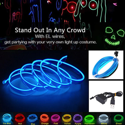 2M Blue Flexible EL Wire Neon Glow Light Strip for Car Home with USB Controller