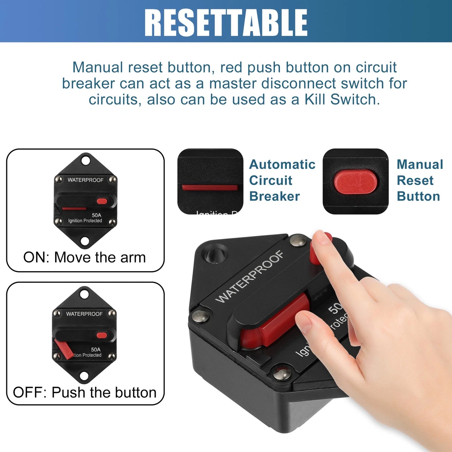 Waterproof 50A / 12V-48VDC / Circuit Breaker for Automotive RV Marine