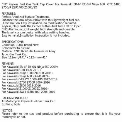 CNC Blue Fuel Cap for Kawasaki ZX-6R, ER-6F/6N Ninja 600/650 (2009-2018)
