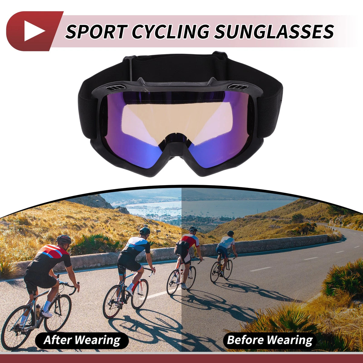 Motorcycle Riding Goggles Blue Purple Lens Black Frame PC TPU Cycling Sunglasses
