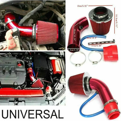 Red Cold Air Intake Filter Induction Kit for Car - 76mm Power Flow Hose System