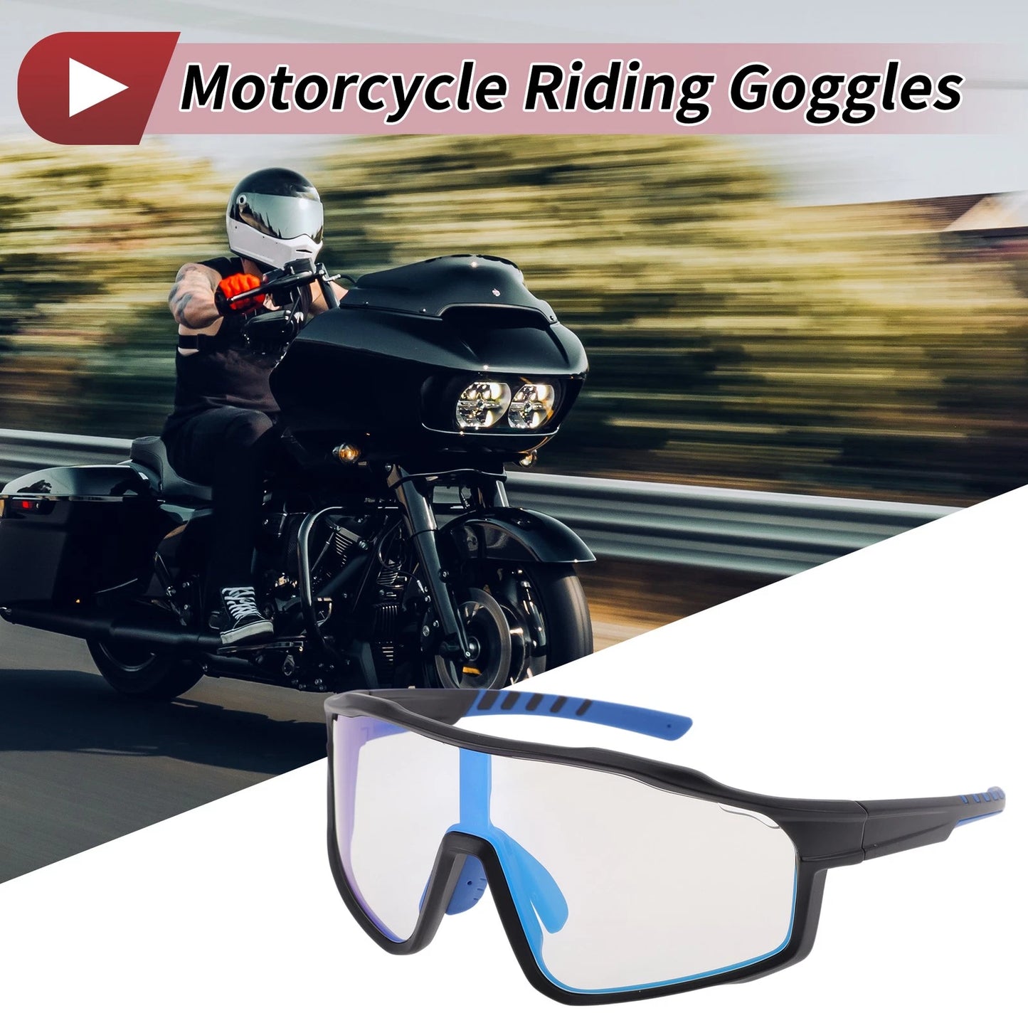 Goggles Motorcycle Riding Light Blue Lens Black Frame Tri-Acetyl Cellulos