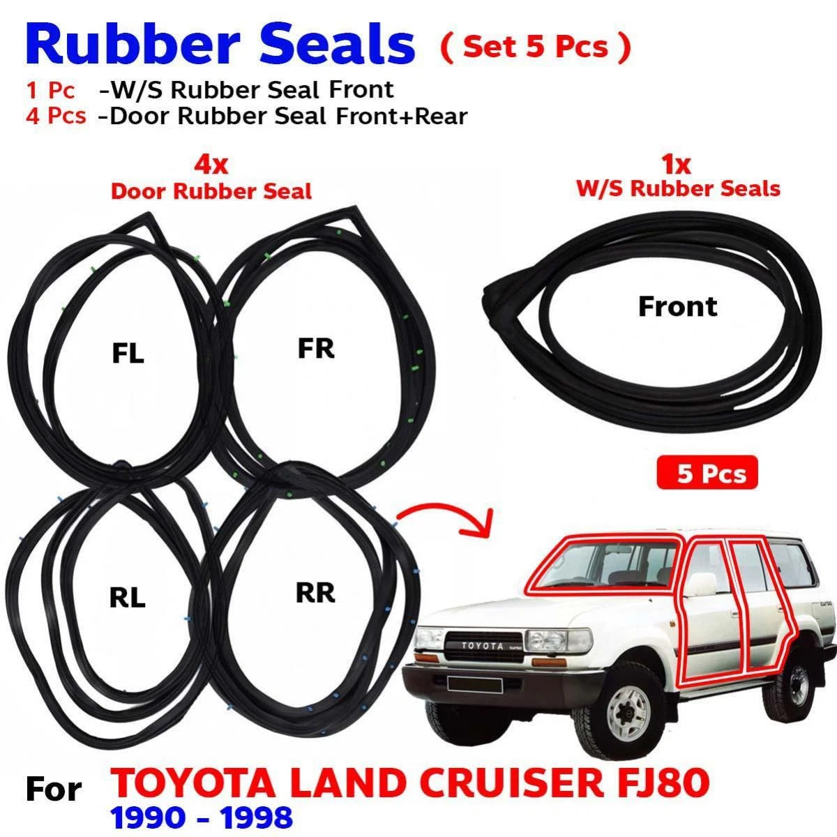 Windshield Front Door Rubber Set 5 Fits Toyota Land Cruiser FZJ FJ80 1990-98