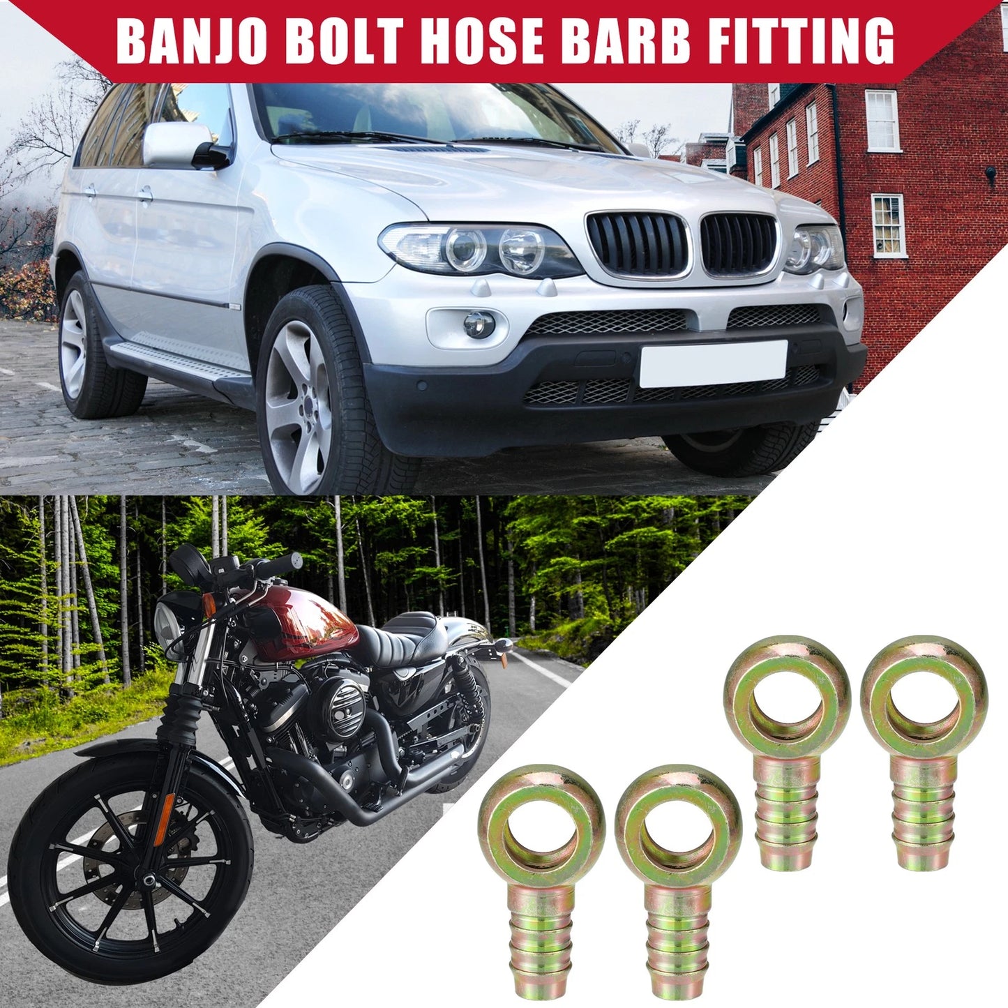4 x Banjo Bolt Hose Barb Fitting 16mm ID 16mm OD for Car Motorcycle Metal
