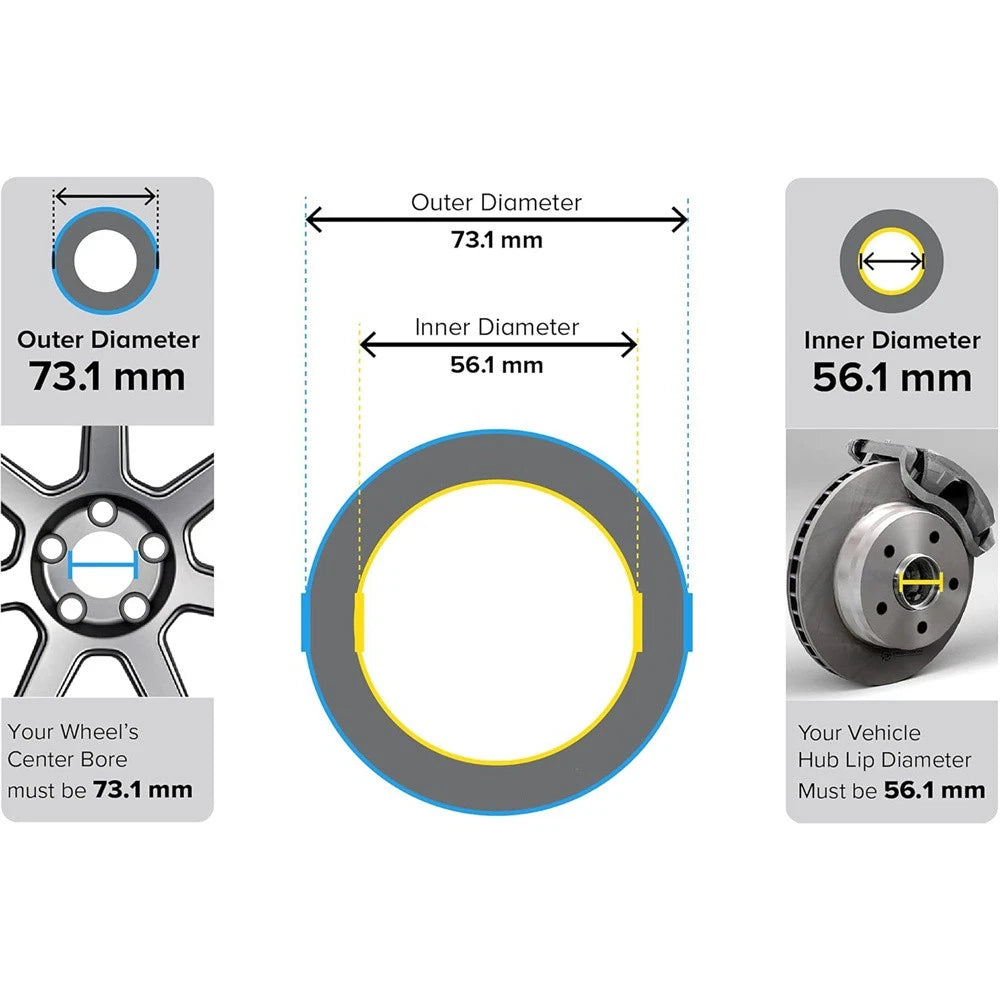 4 x 73.1 to 56.1 mm Aluminium Alloy Hub Centric Rings for Car Wheel Spacer