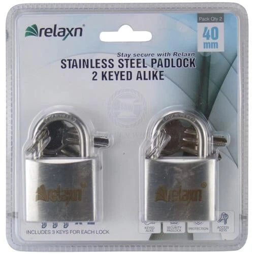 Stainless Steel Keyed Alike Padlocks 40mm - Relaxn 2 Locks with 3 Keys