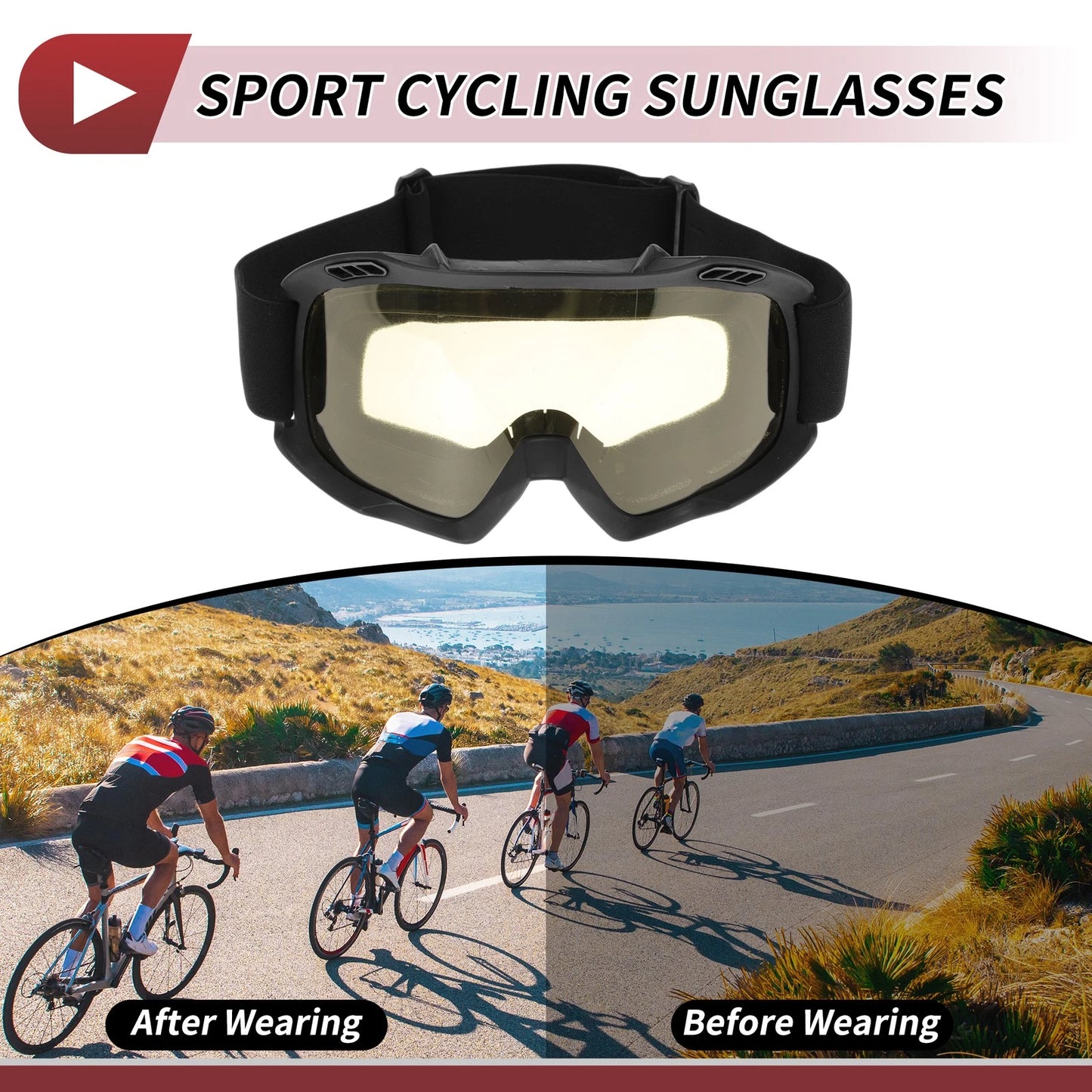 Motorcycle Riding Goggles Yellow Lens Black Frame PC