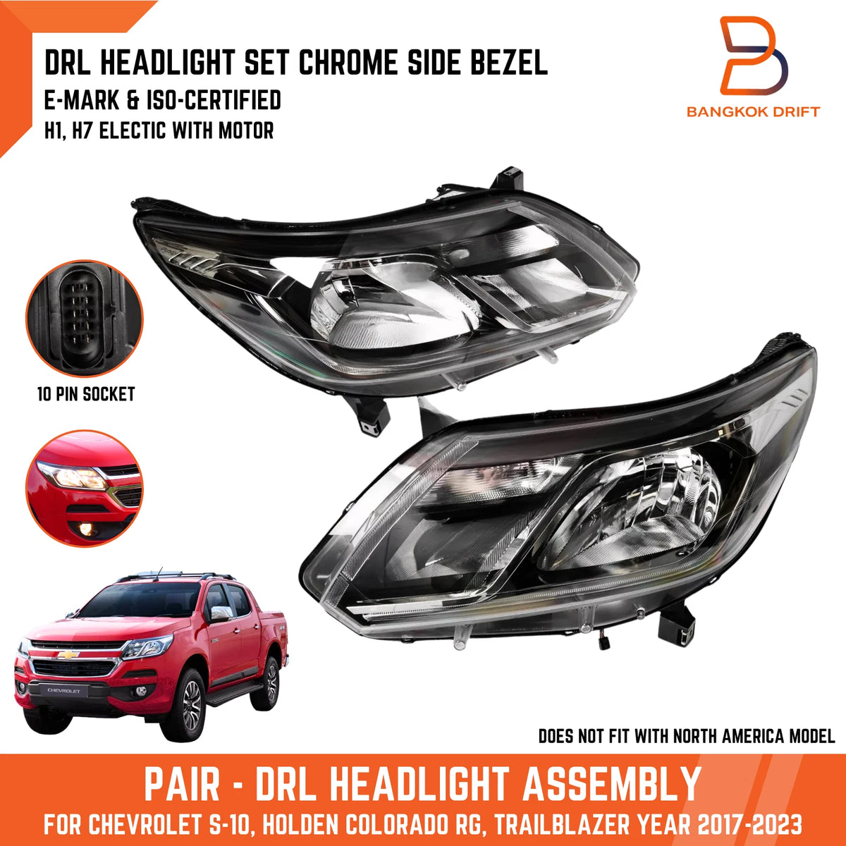 E-MARK DRL Headlight Lamp Chrome Trim for Holden Colorado, Trailblazer (17-23)